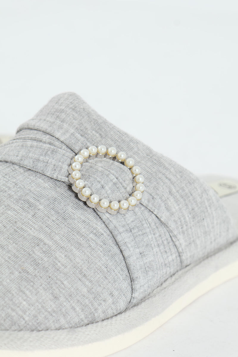 Closed Toe Slipper With Pearl Trim Detail - Grey