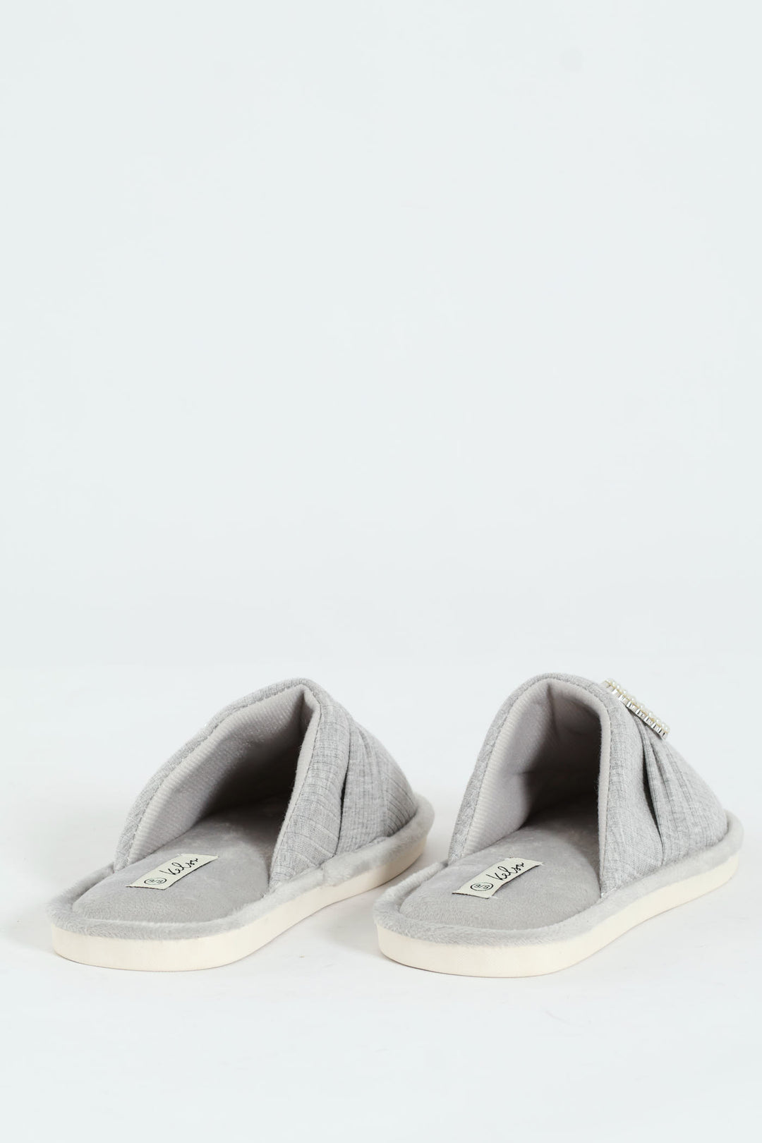 Closed Toe Slipper With Pearl Trim Detail - Grey