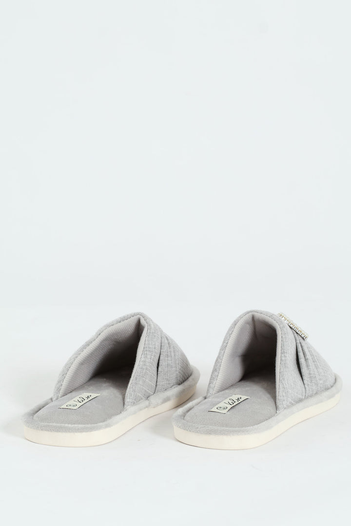 Closed Toe Slipper With Pearl Trim Detail - Grey