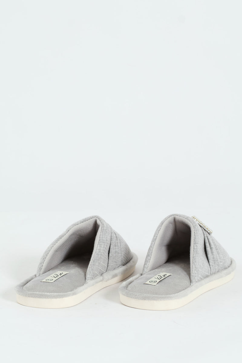 Closed Toe Slipper With Pearl Trim Detail - Grey