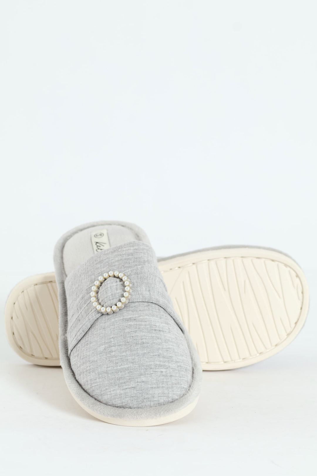 Closed Toe Slipper With Pearl Trim Detail - Grey