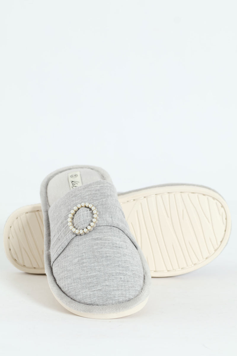 Closed Toe Slipper With Pearl Trim Detail - Grey