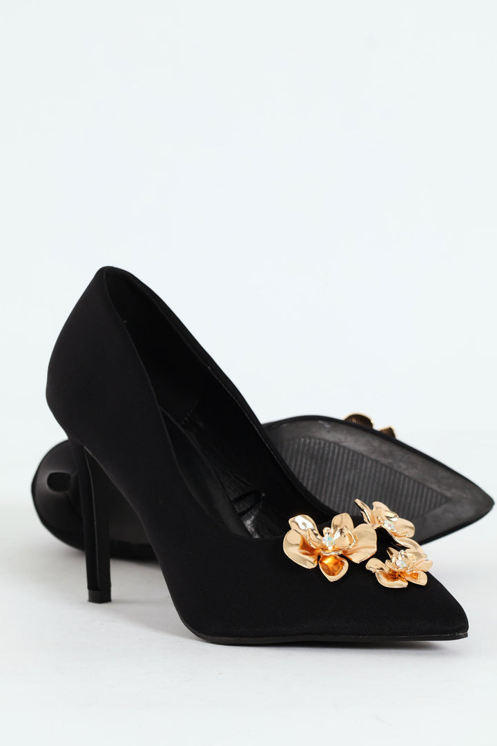 Jewelled Trimmed Court Heel - Black