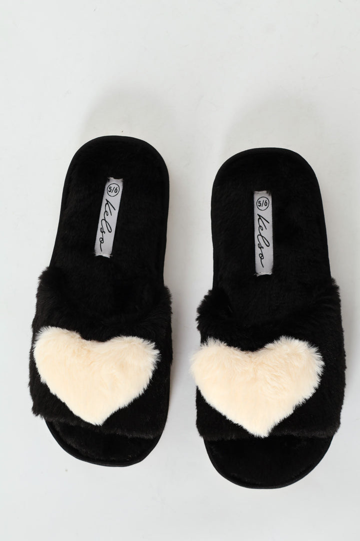 Big Fur Heart Open Toe Slipper - Black/Beige