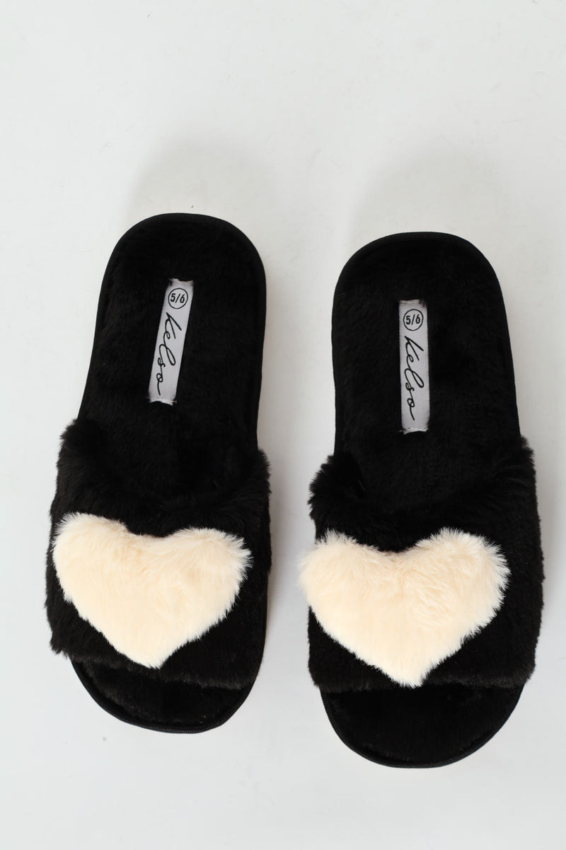 Big Fur Heart Open Toe Slipper - Black/Beige