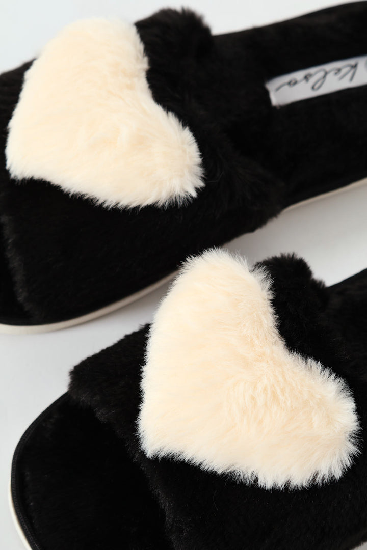 Big Fur Heart Open Toe Slipper - Black/Beige
