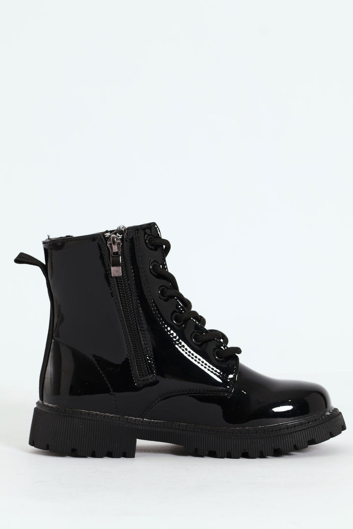 Girls Patent Military Boot - Black