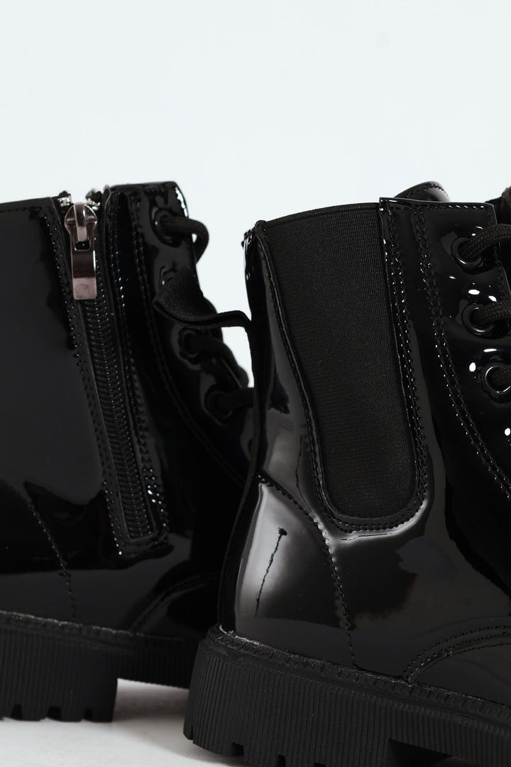 Girls Patent Military Boot - Black