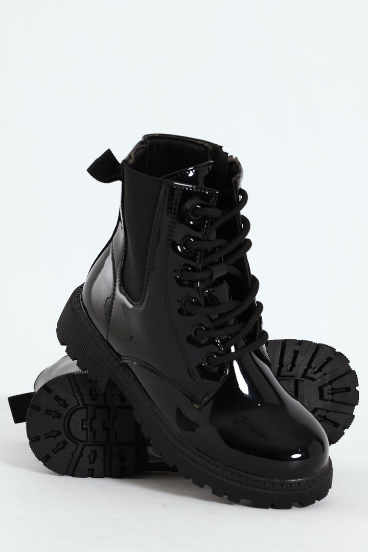 Girls Patent Military Boot - Black