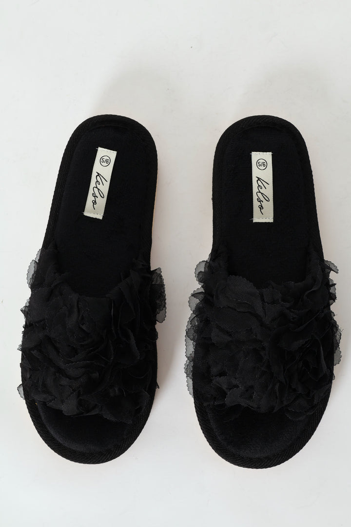Open Toe Slipper With Floral Upper - Black
