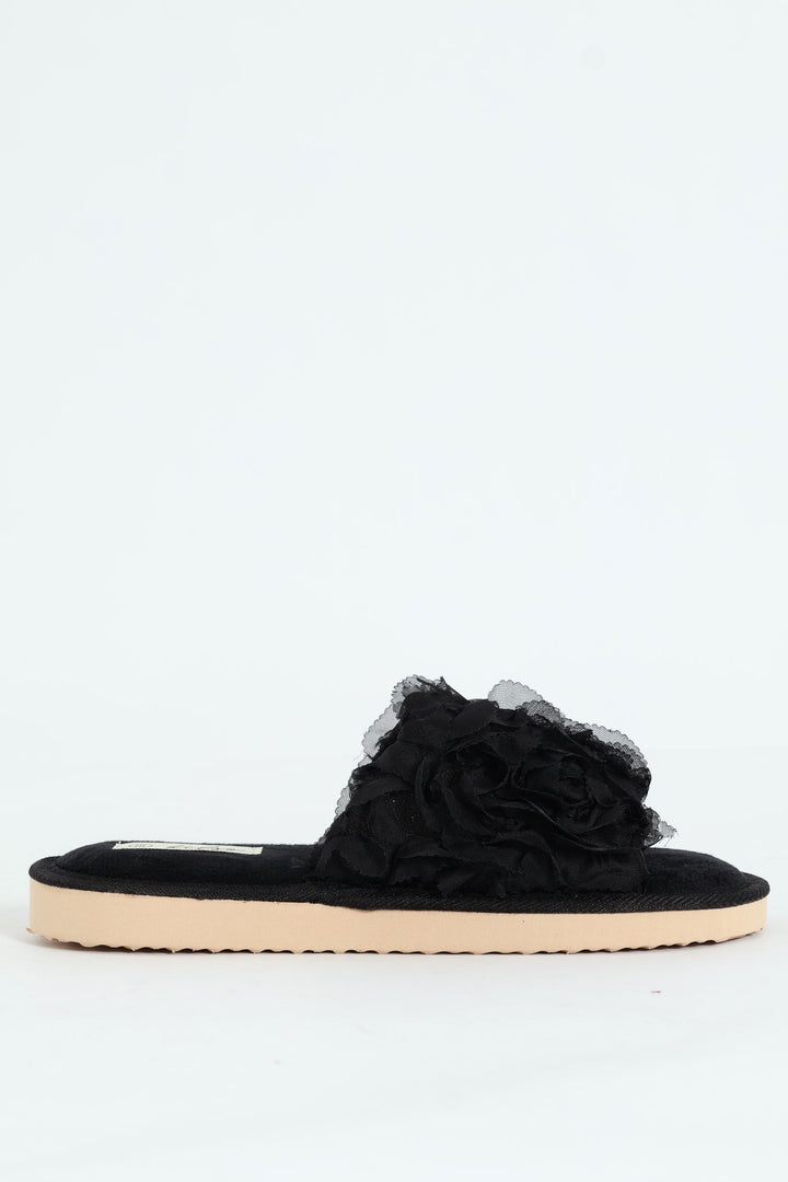 Open Toe Slipper With Floral Upper - Black