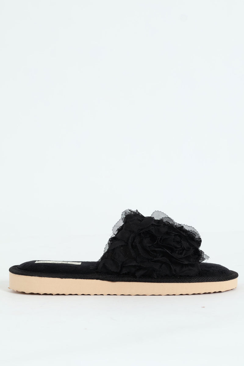 Open Toe Slipper With Floral Upper - Black