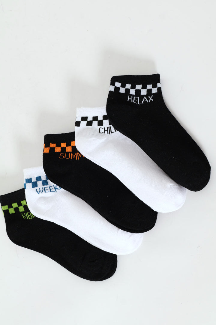 Boys 5 Pack Slogan Low Cut Socks - Black
