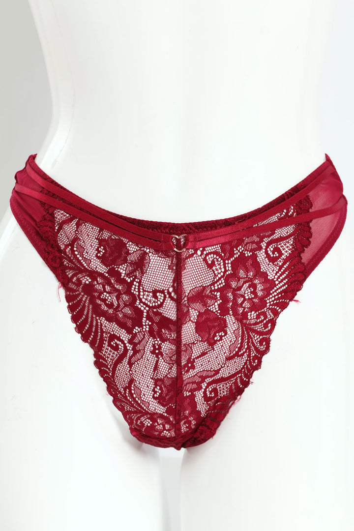 Heart Lace & Mesh Thong Panty - Wine