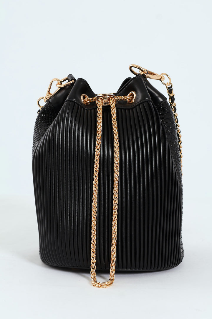 Bucket Bag With Front Chain - Black