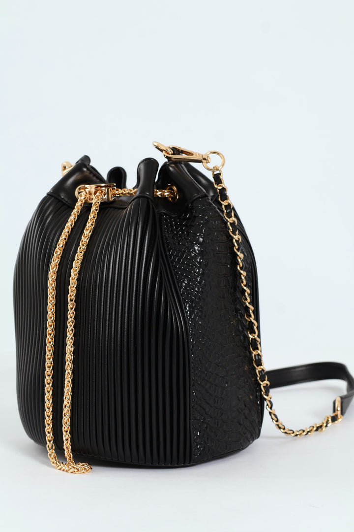 Bucket Bag With Front Chain - Black