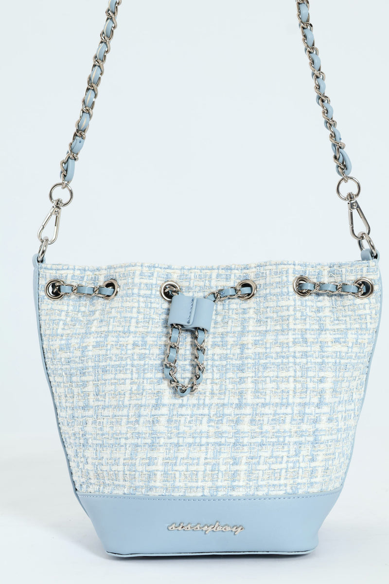 Boucle Drawstring Bucket Bag - Blue