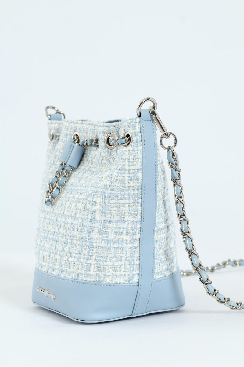Boucle Drawstring Bucket Bag - Blue