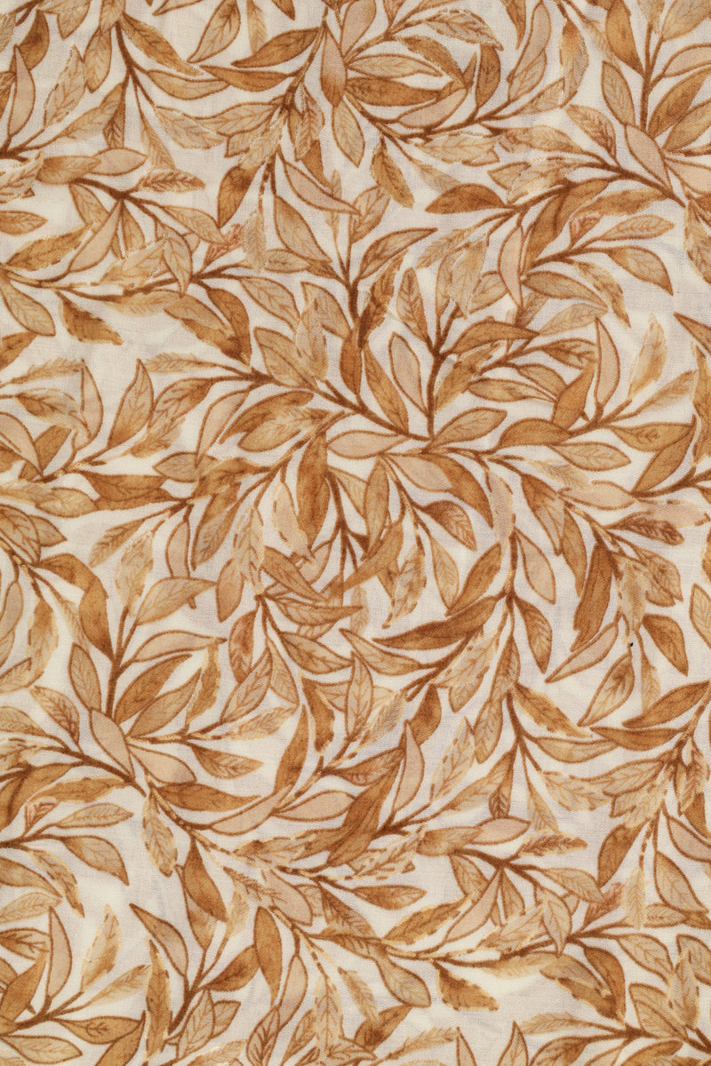 Leaf Print Gold Foil Scarf - Beige