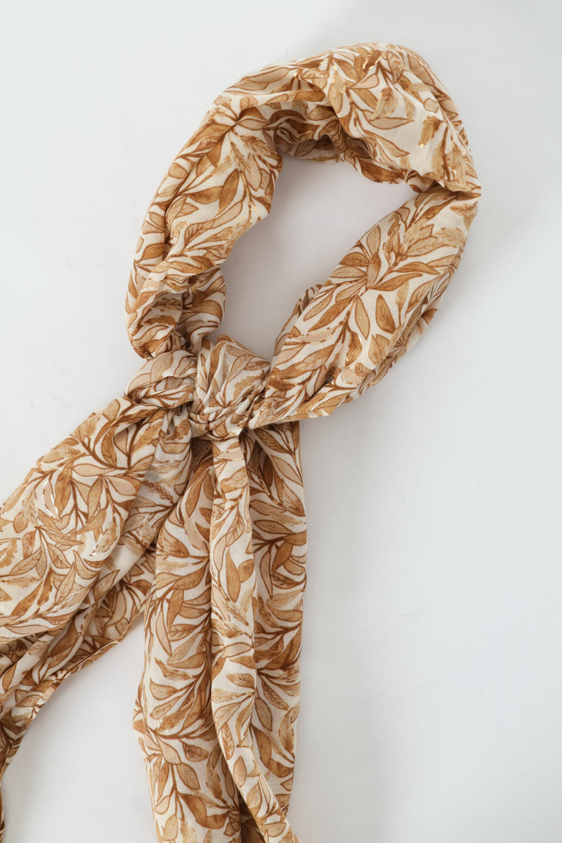 Leaf Print Gold Foil Scarf - Beige