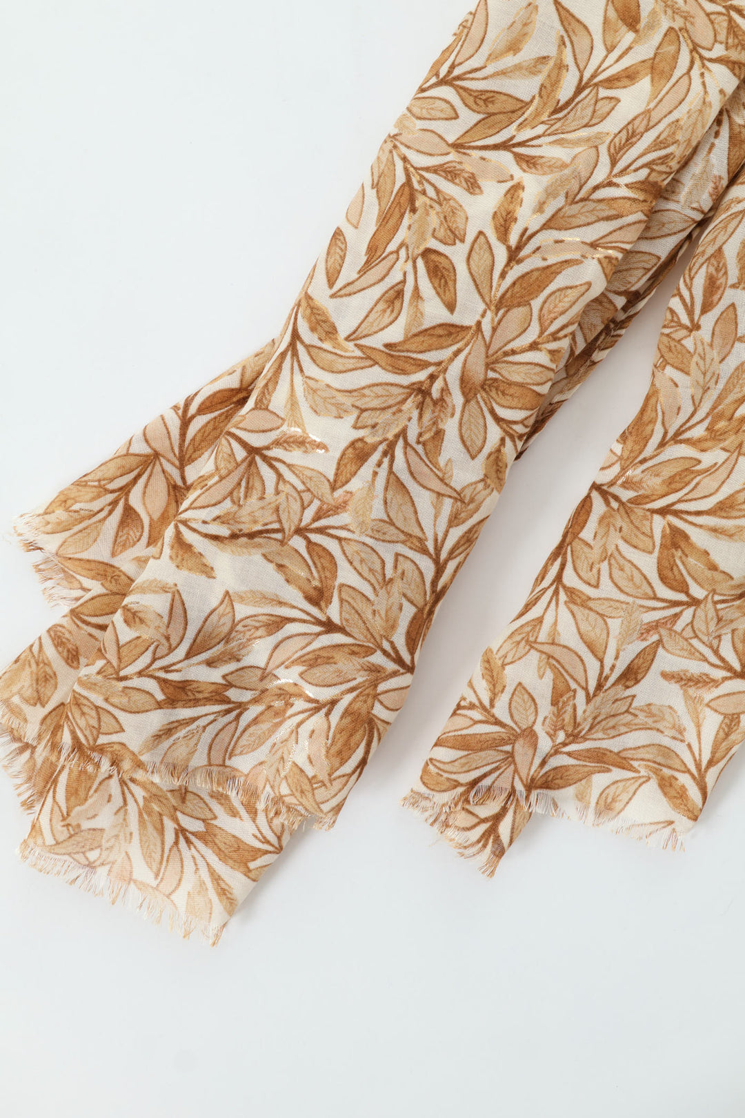 Leaf Print Gold Foil Scarf - Beige