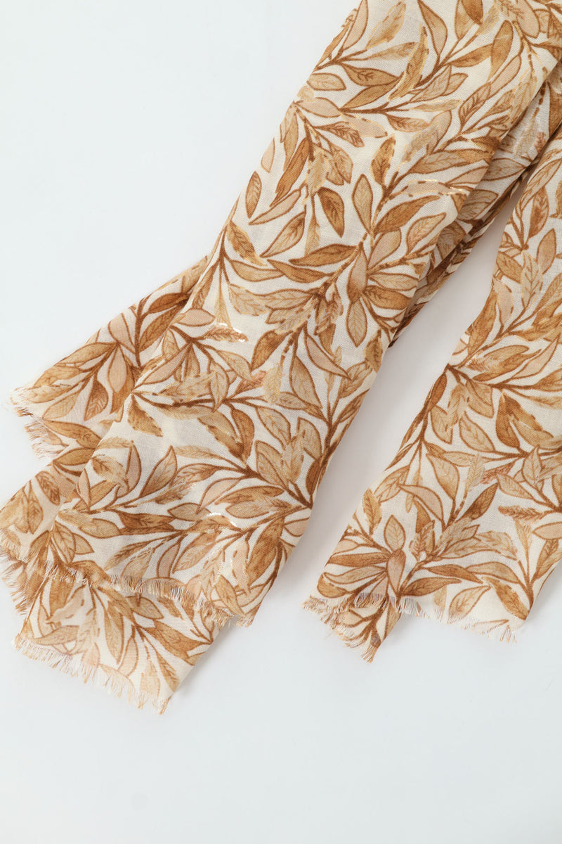 Leaf Print Gold Foil Scarf - Beige