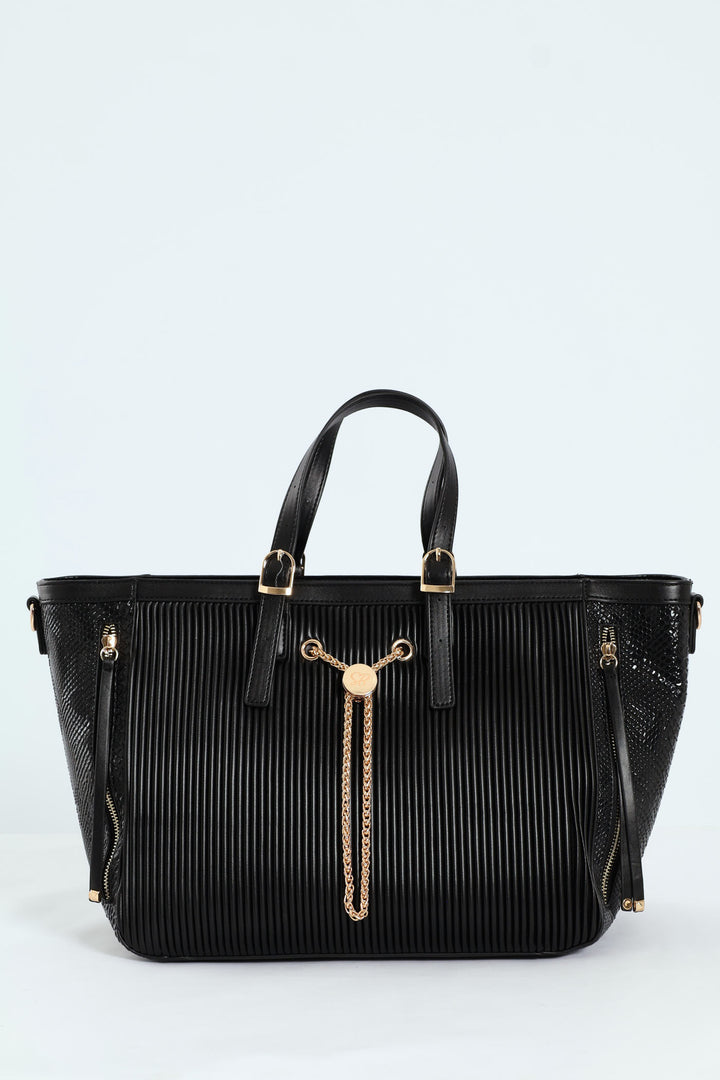 Handbag With Front Chain - Black