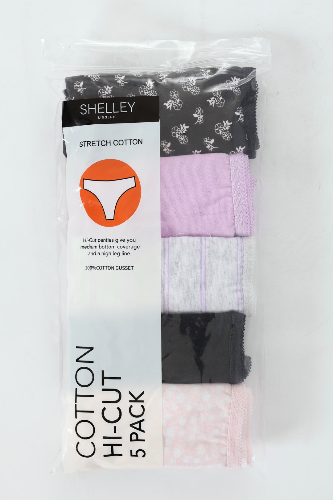 5 Pack Cotton Stretch Hi-Cut Panties - Nude Floral/Black/Stripe