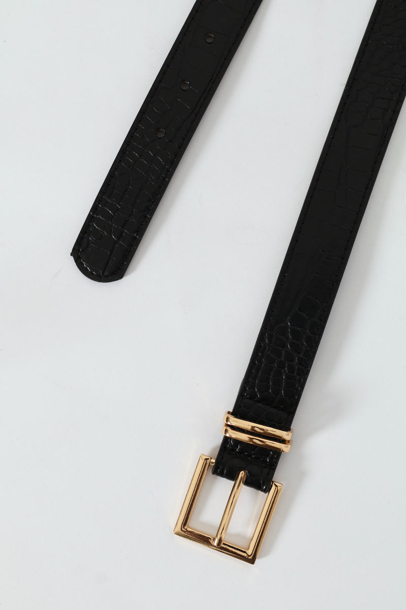 Square Gold Buckle Fashion Belt - Black