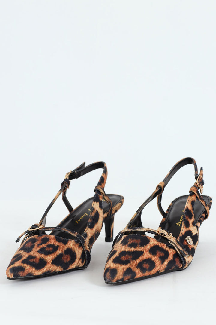Buckle Pointed Toe Sling Back Heel - Animal Print