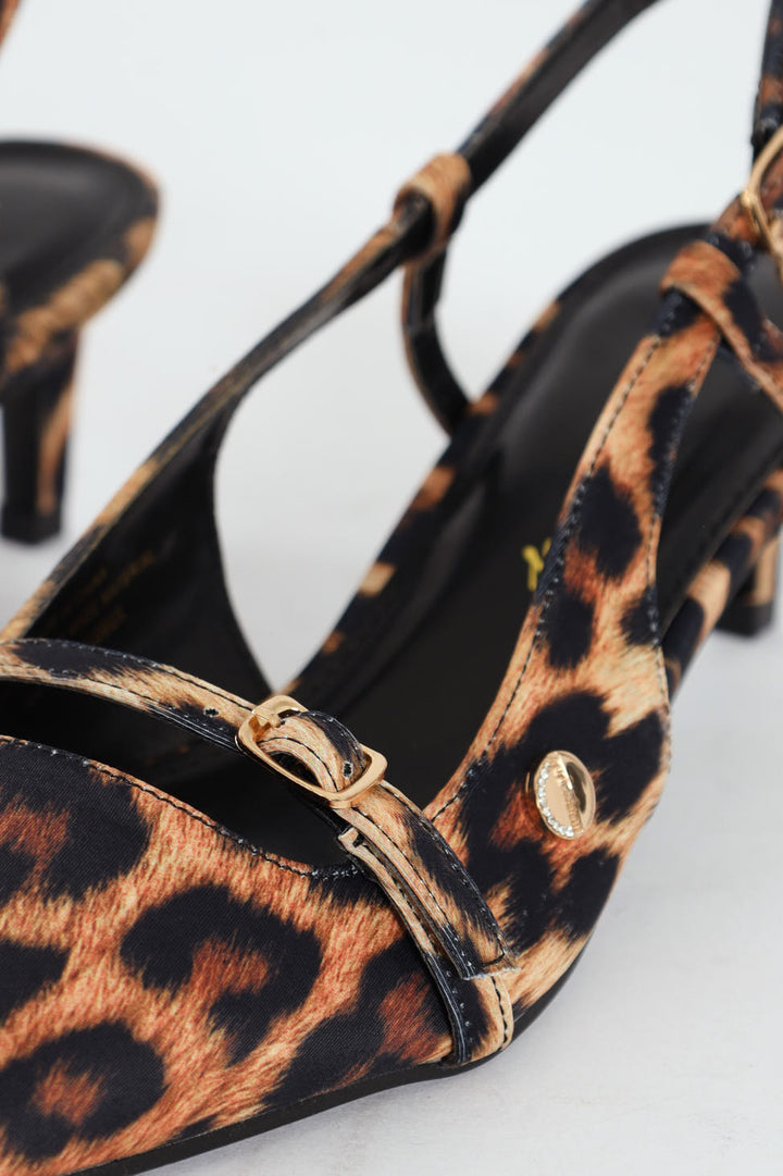 Buckle Pointed Toe Sling Back Heel - Animal Print