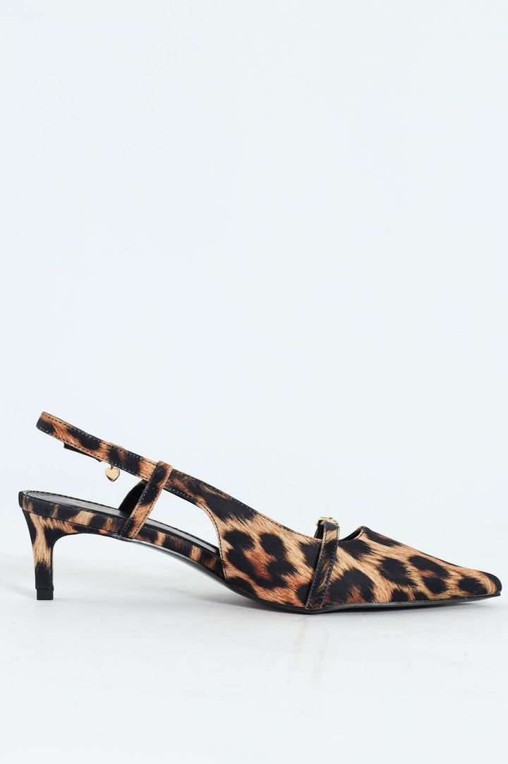 Buckle Pointed Toe Sling Back Heel - Animal Print
