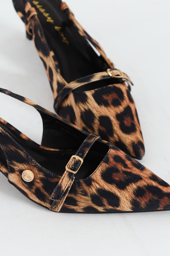 Buckle Pointed Toe Sling Back Heel - Animal Print