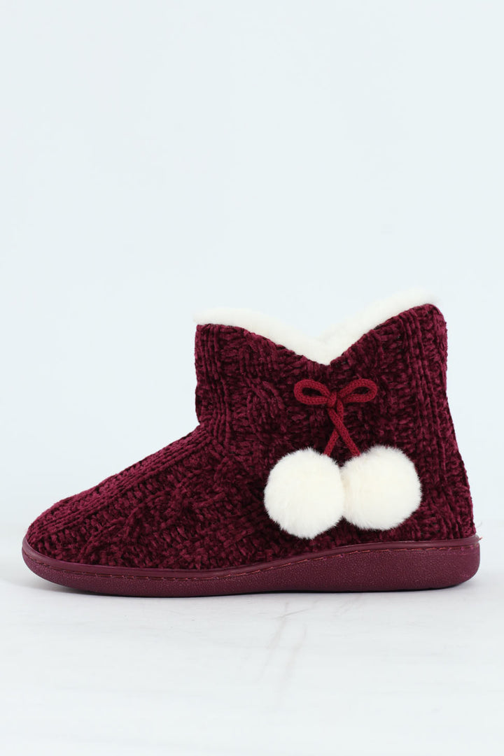Cable Knit Slipper Bootie With Pompoms