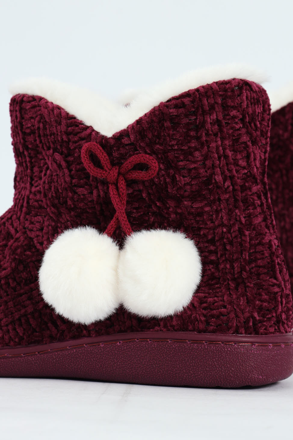 Cable Knit Slipper Bootie With Pompoms