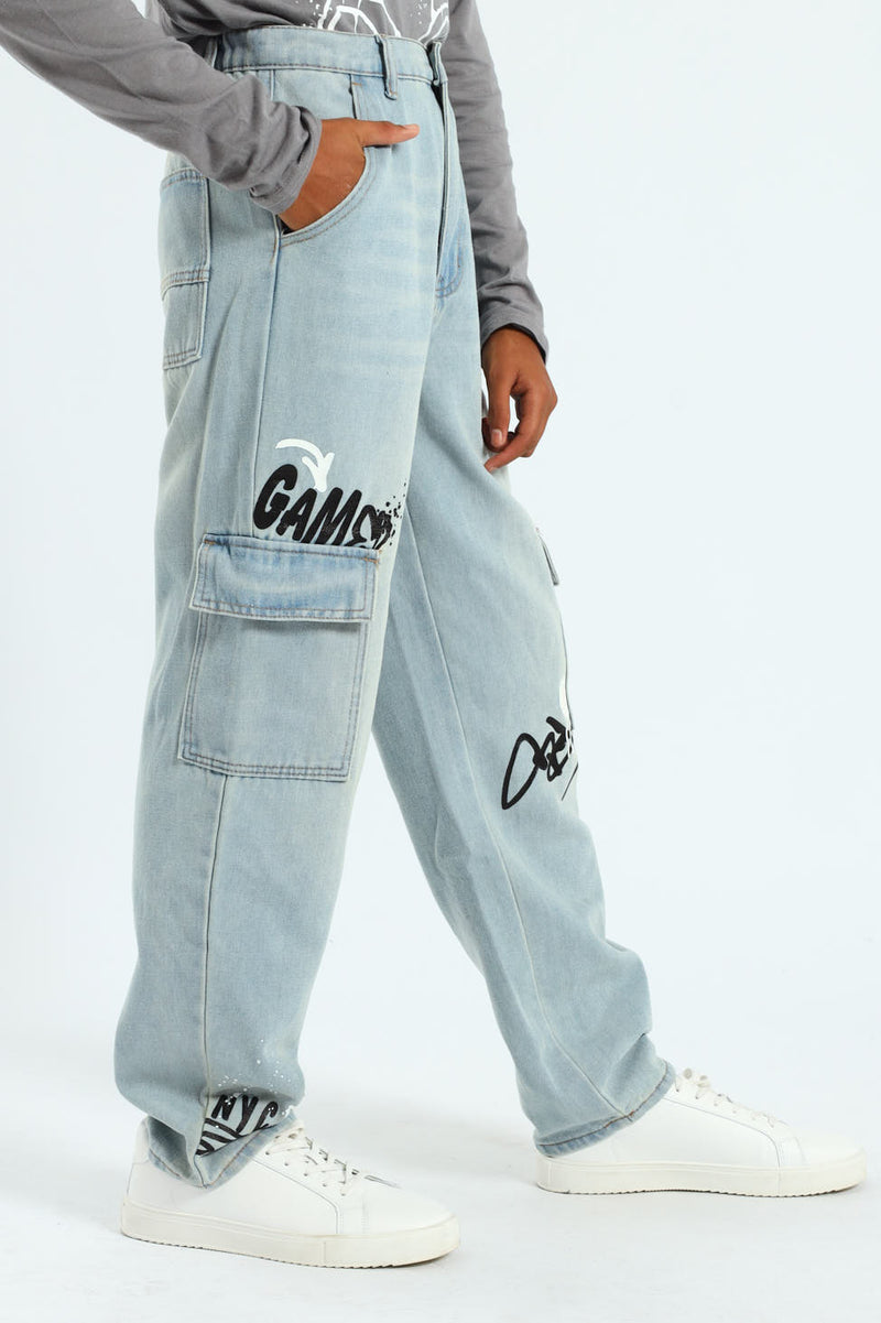 Boys Baggy Grafitti Denim - Stonewash