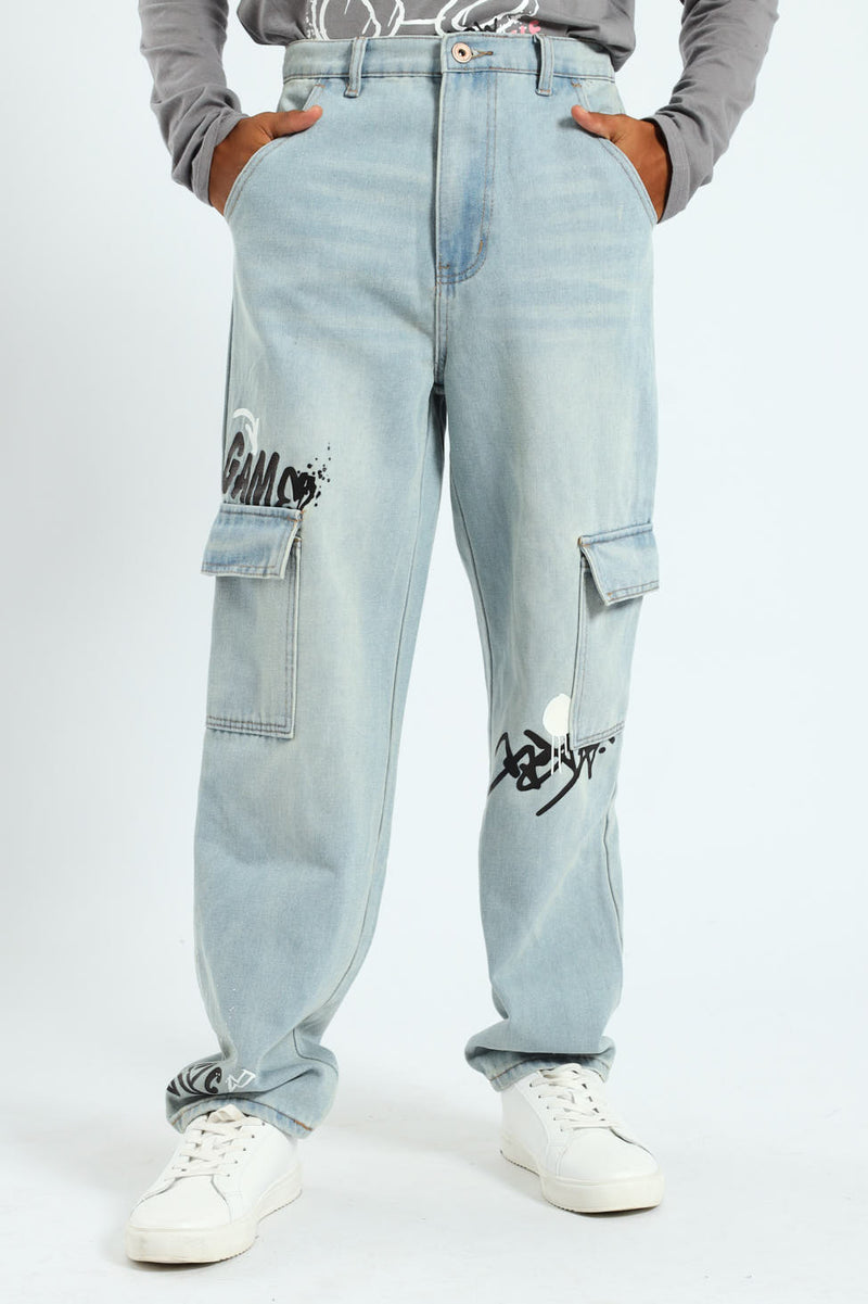 Boys Baggy Grafitti Denim - Stonewash