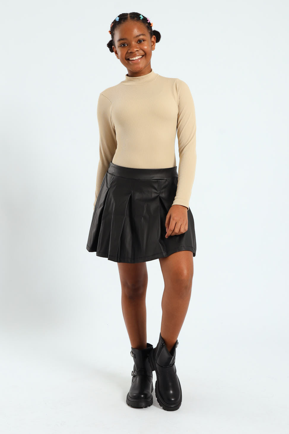 Girls Pu Pleated Skirt - Black