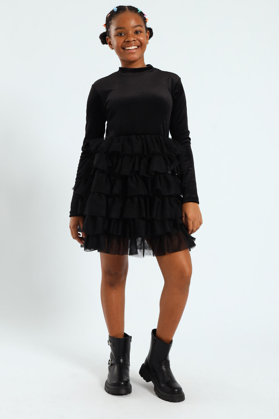 Girls Ribbed Mesh Rara Dress - Black