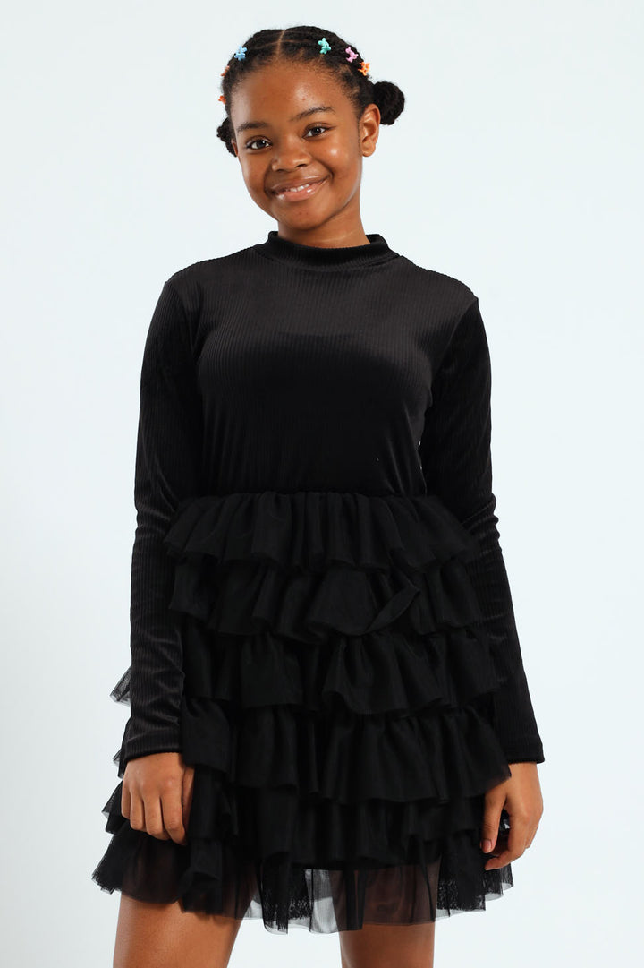 Girls Ribbed Mesh Rara Dress - Black