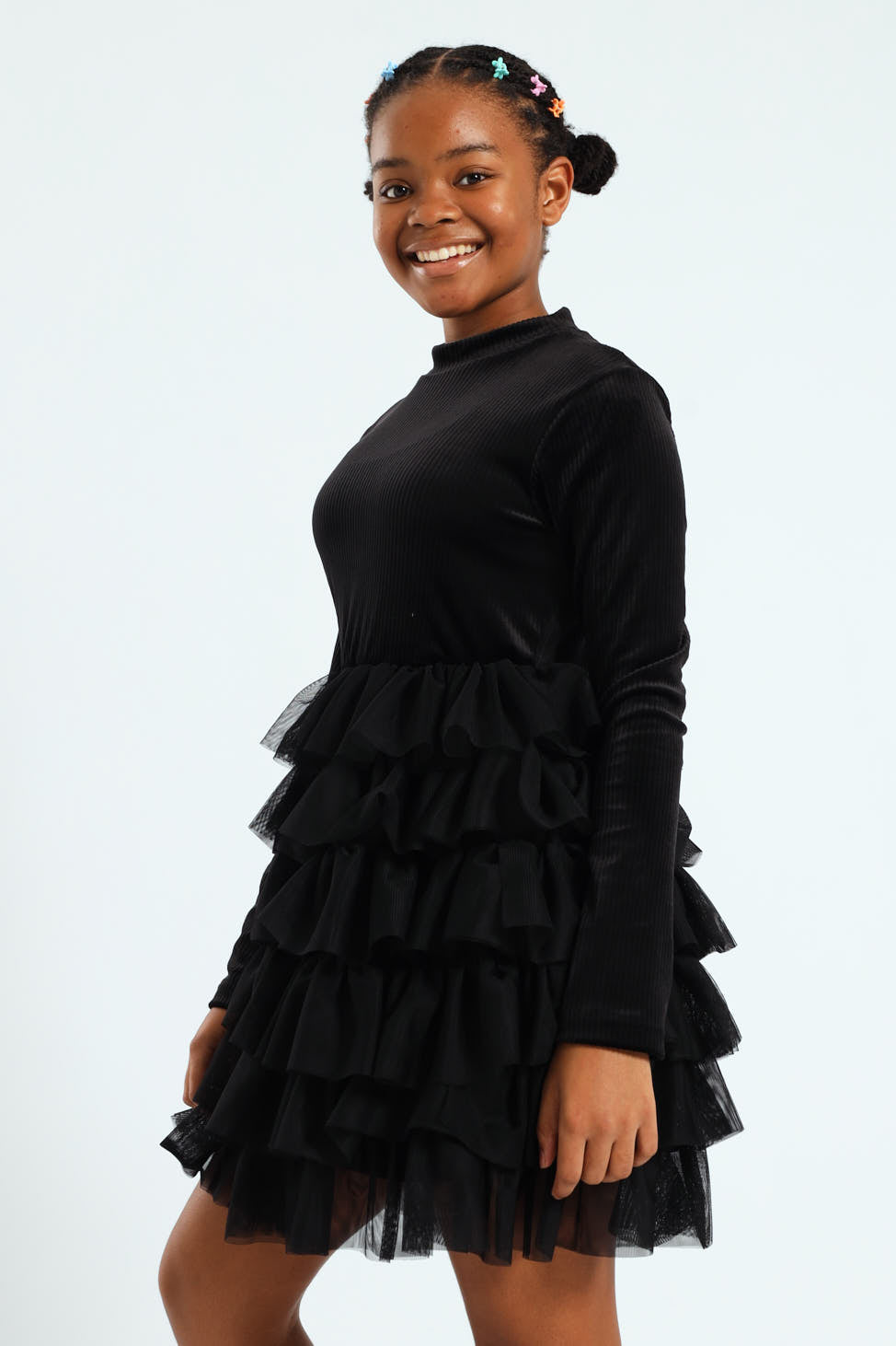 Girls Ribbed Mesh Rara Dress - Black