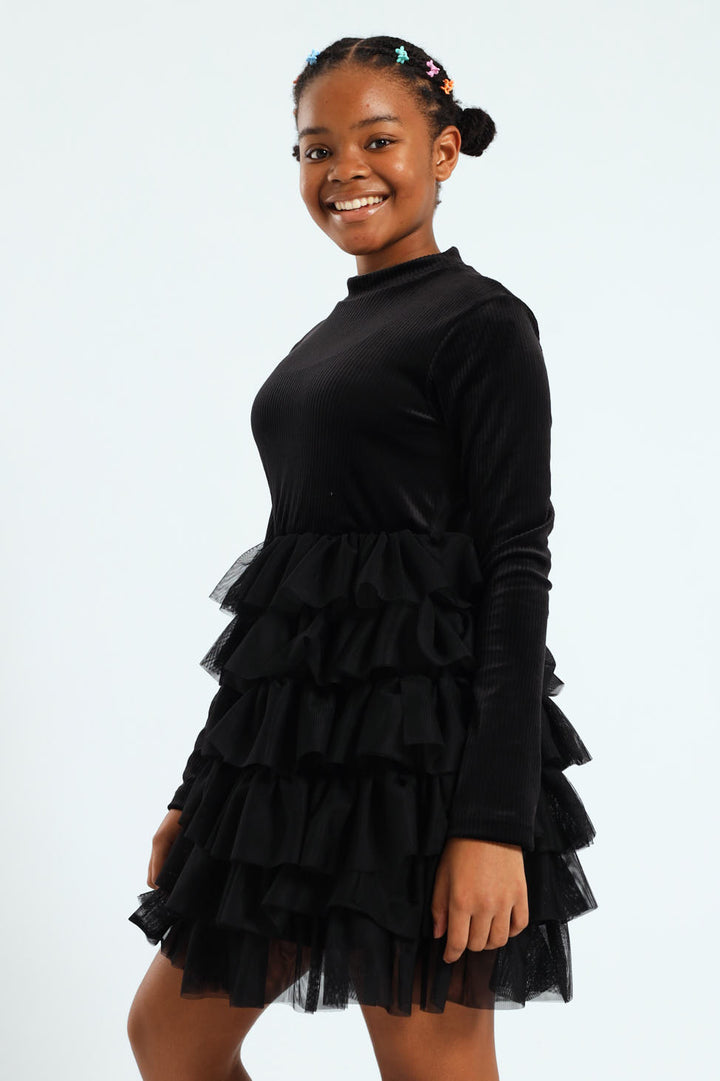 Girls Ribbed Mesh Rara Dress - Black