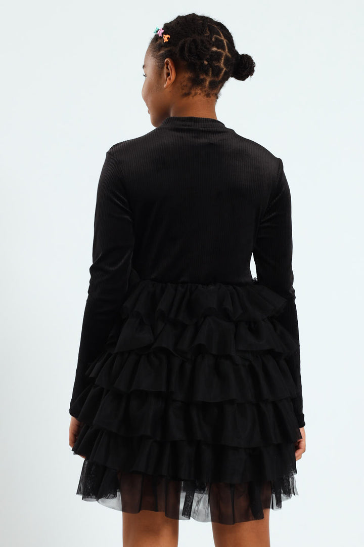 Girls Ribbed Mesh Rara Dress - Black