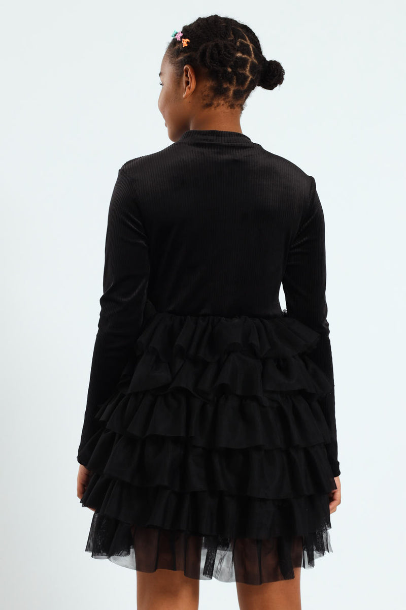 Girls Ribbed Mesh Rara Dress - Black