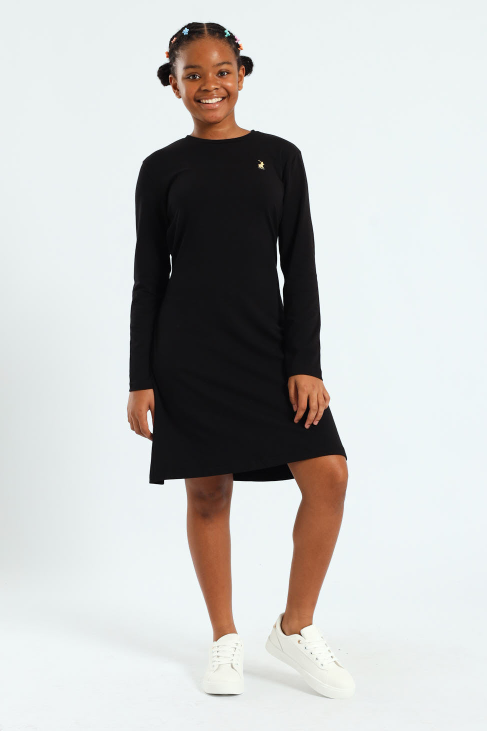 Girls Emily Belted Long Sleeve Dress - Black