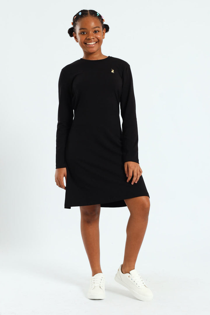 Girls Emily Belted Long Sleeve Dress - Black