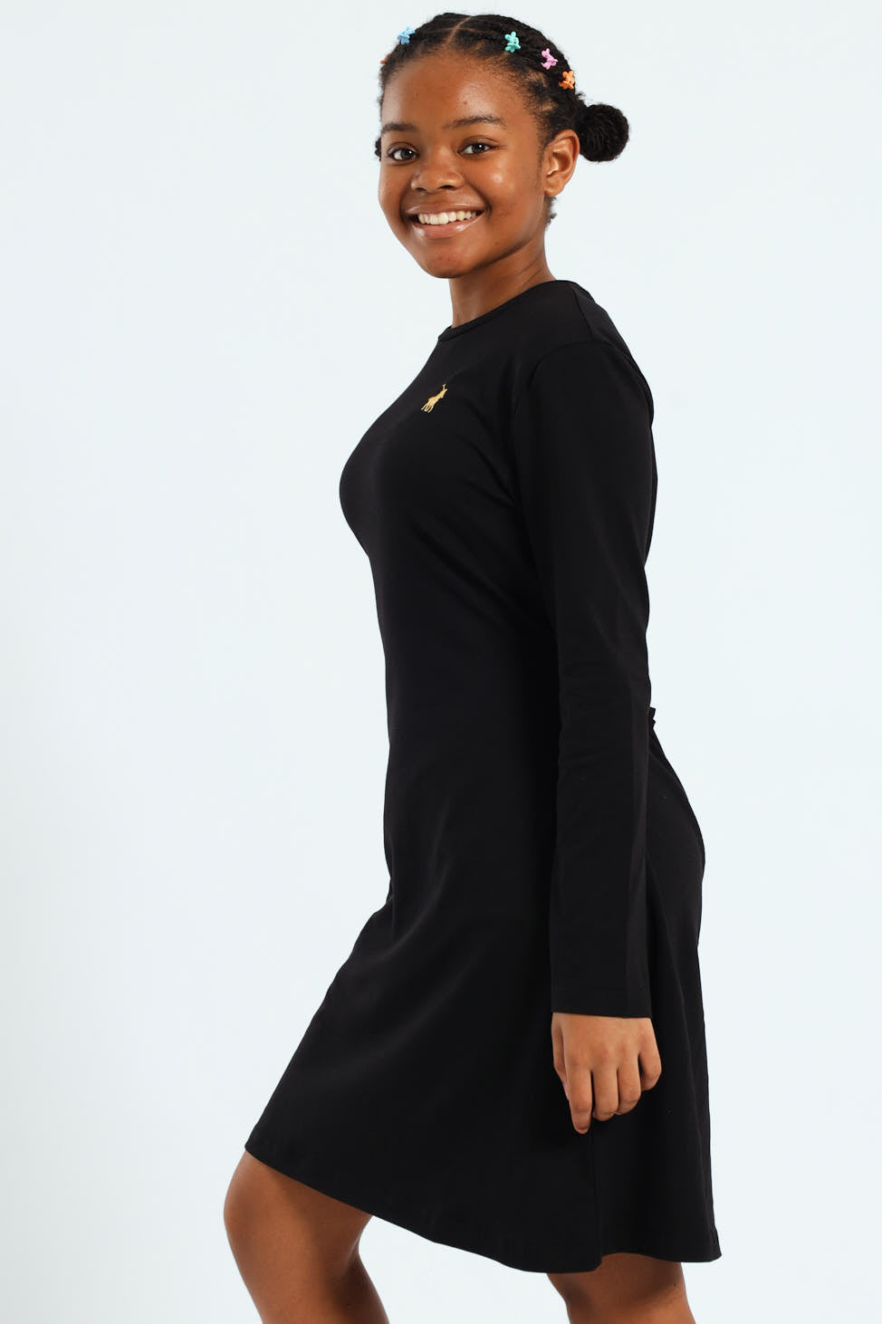 Girls Emily Belted Long Sleeve Dress - Black