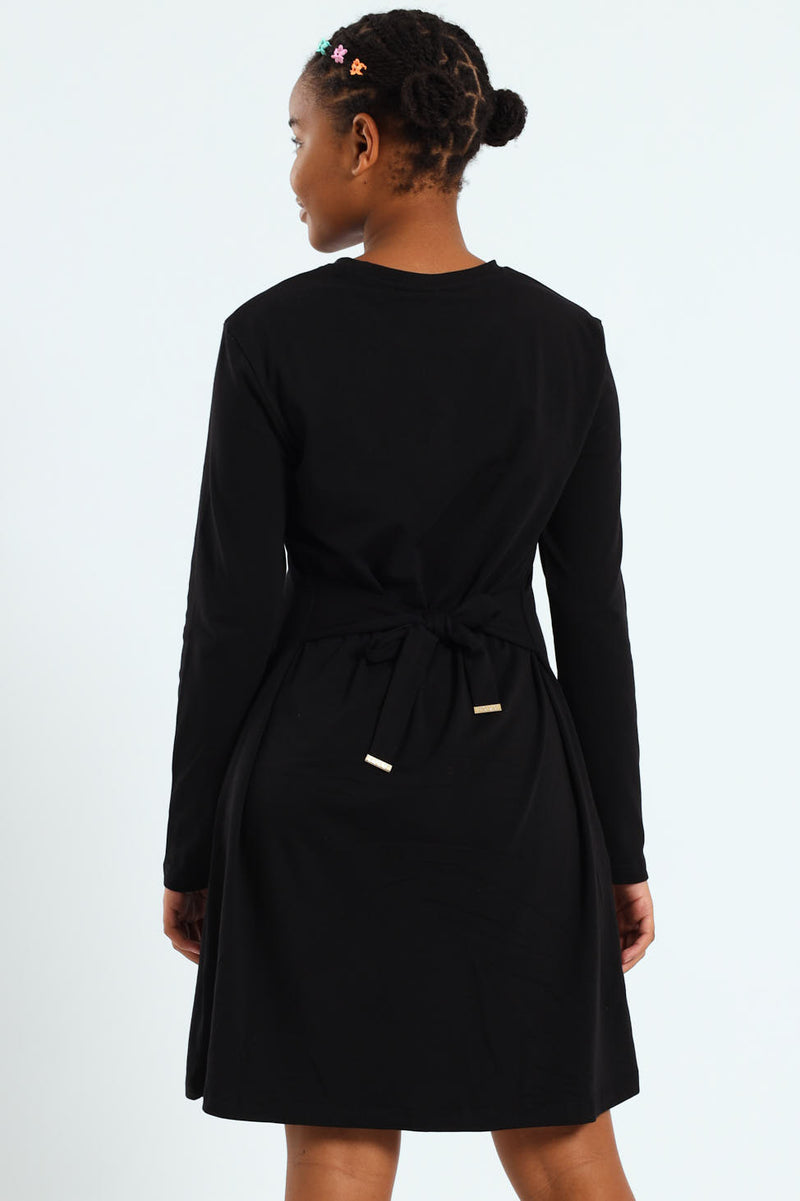 Girls Emily Belted Long Sleeve Dress - Black