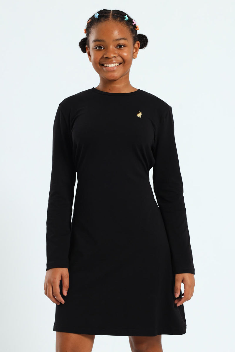 Girls Emily Belted Long Sleeve Dress - Black