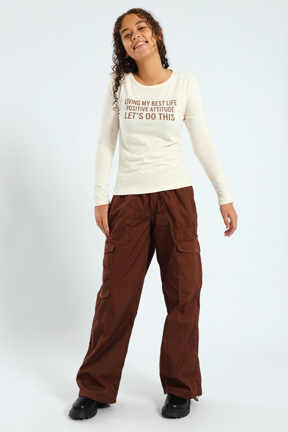 Girls Multi Pocket Parachute Pants - Brown